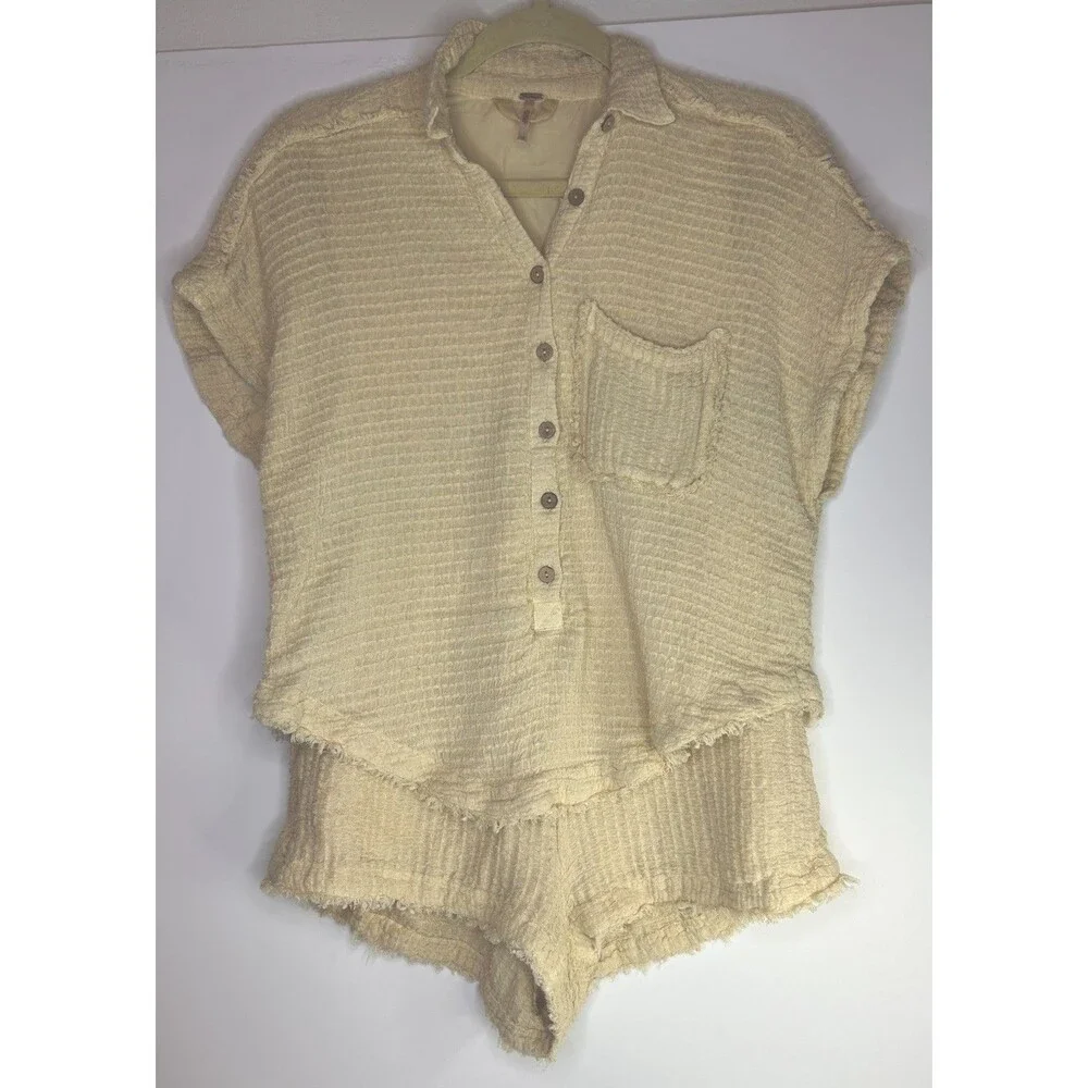Free People Cream Gauze Short Jumpsuit Romper with Button Placket